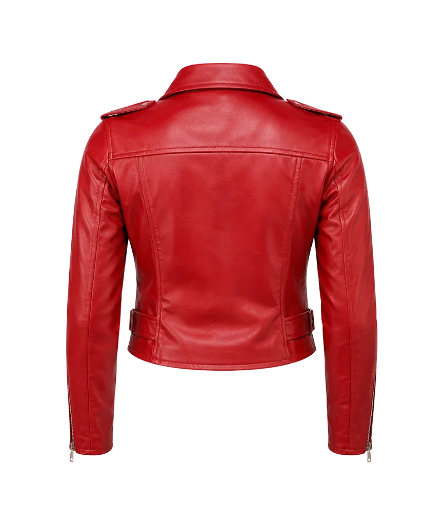 Women’s Bright Red Belted Moto Jacket
