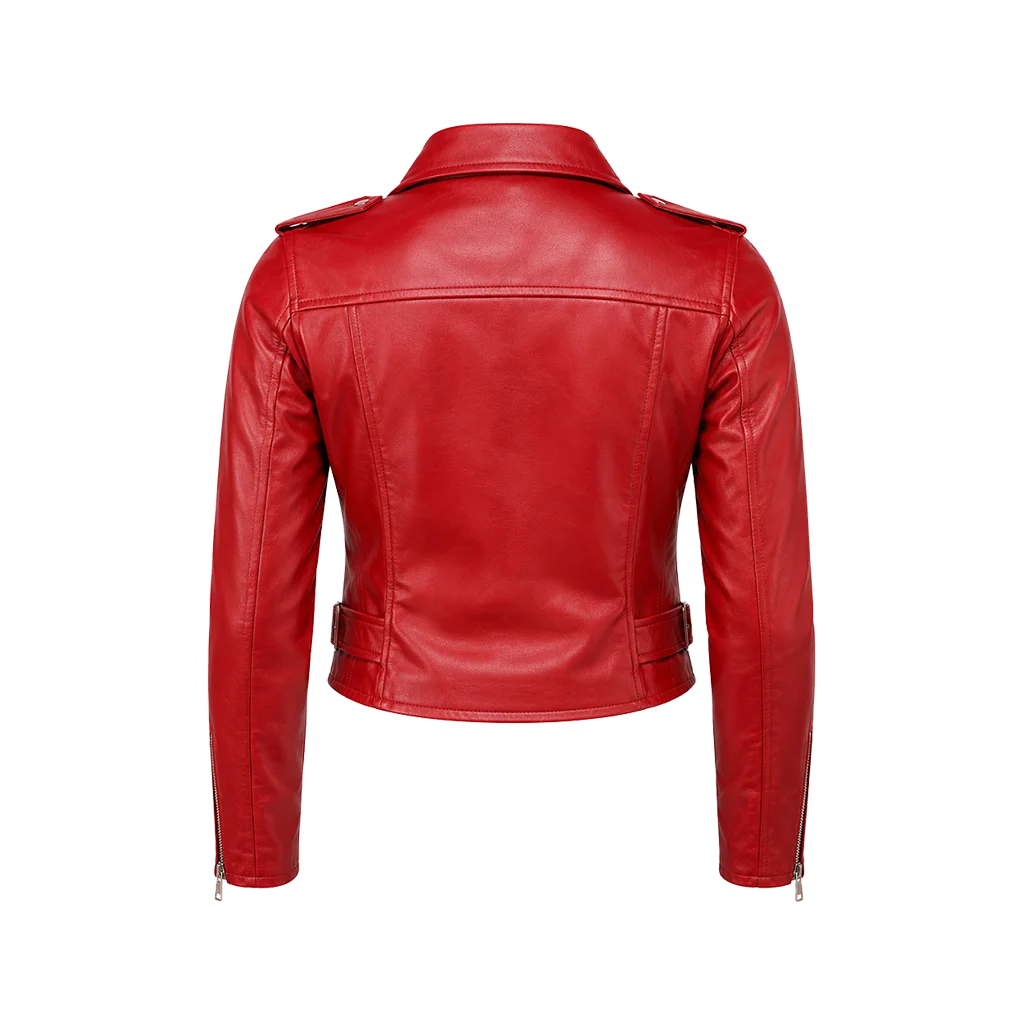 Women’s Bright Red Belted Moto Jacket