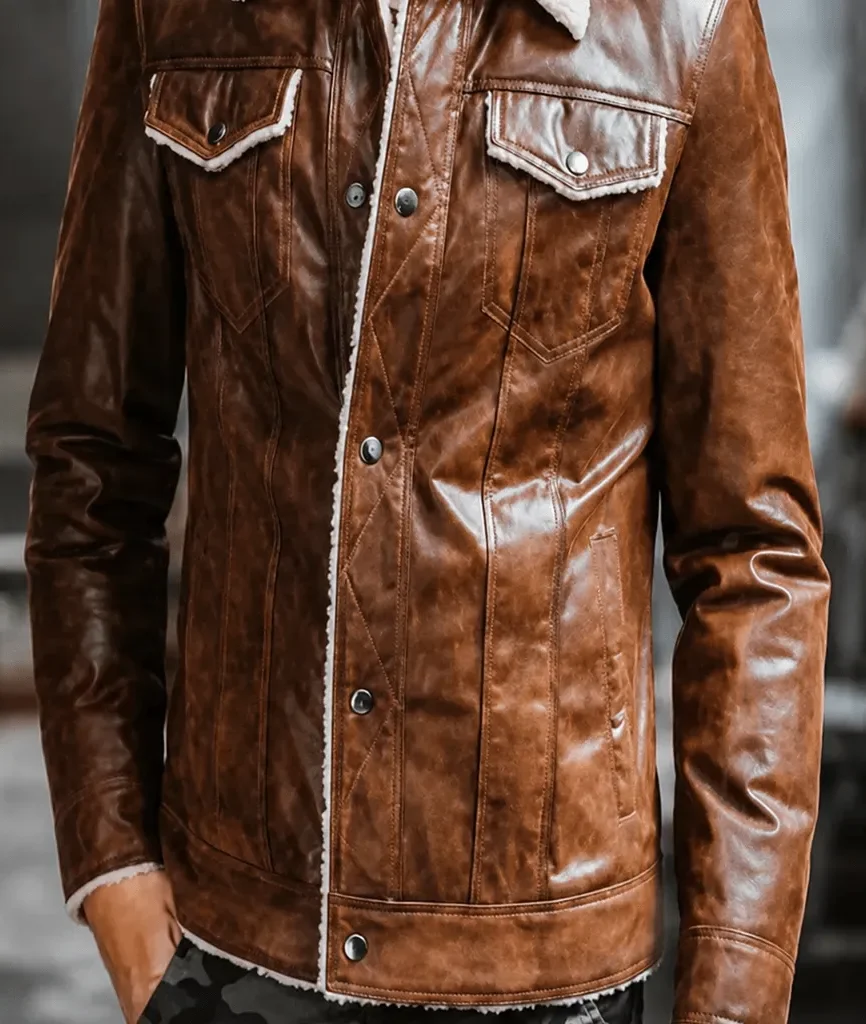 Men’s Distressed Brown Shearling Leather Trucker Jacket
