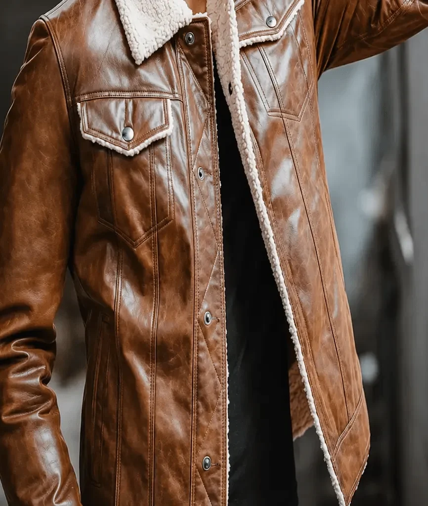 Men’s Distressed Brown Shearling Leather Trucker Jacket