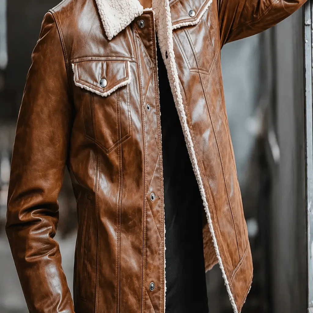 Men’s Distressed Brown Shearling Leather Trucker Jacket