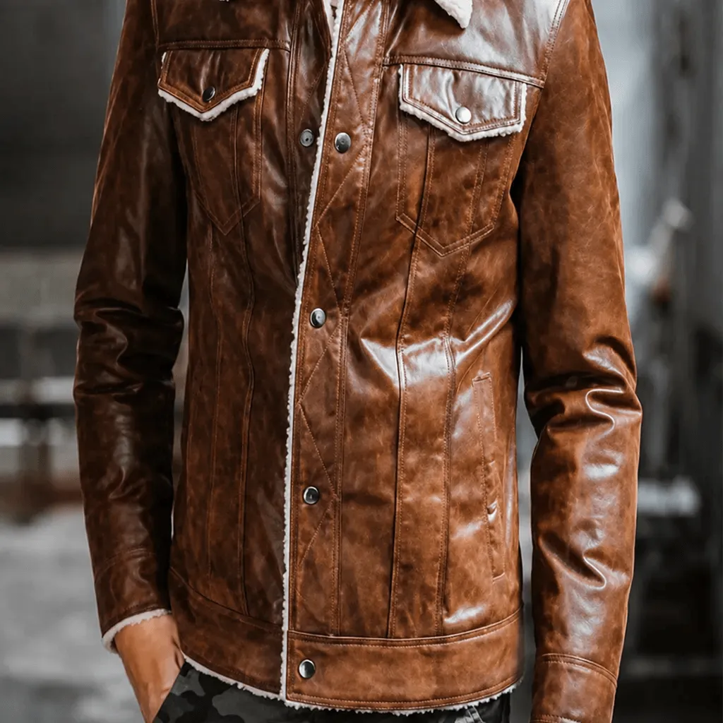 Men’s Distressed Brown Shearling Leather Trucker Jacket