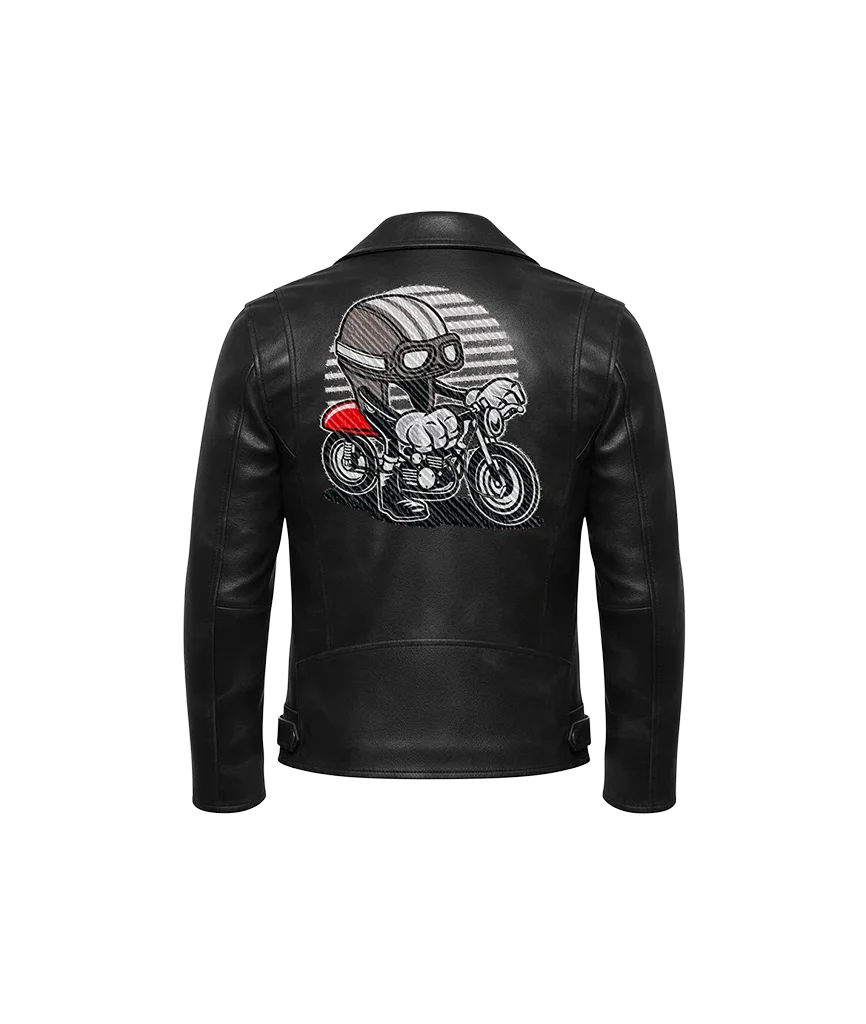 Cafe Racer Rider Helmet Mascot Embroidered Leather Biker Jacket