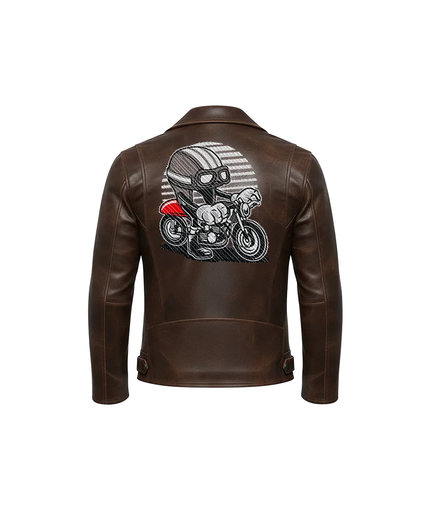 Cafe Racer Rider Helmet Mascot Embroidered Leather Biker Jacket