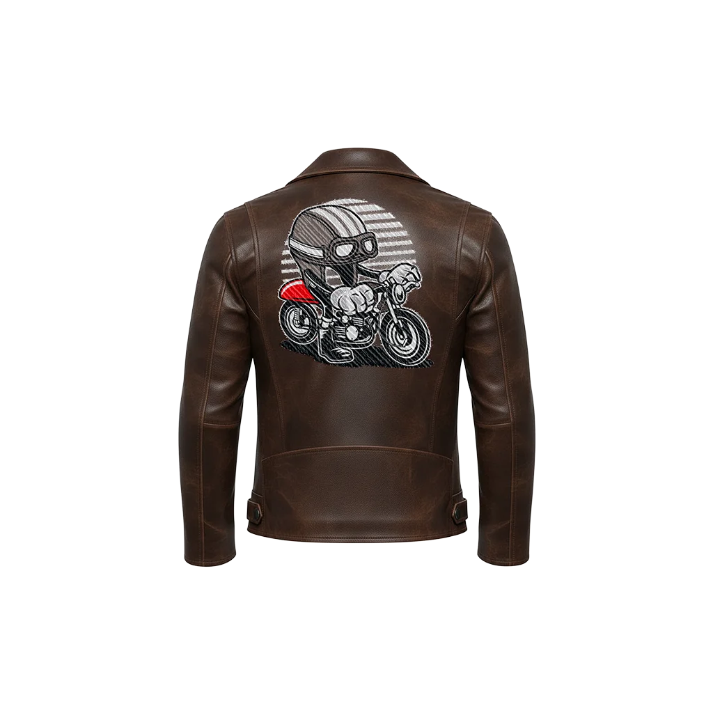 Cafe Racer Rider Helmet Mascot Embroidered Leather Biker Jacket