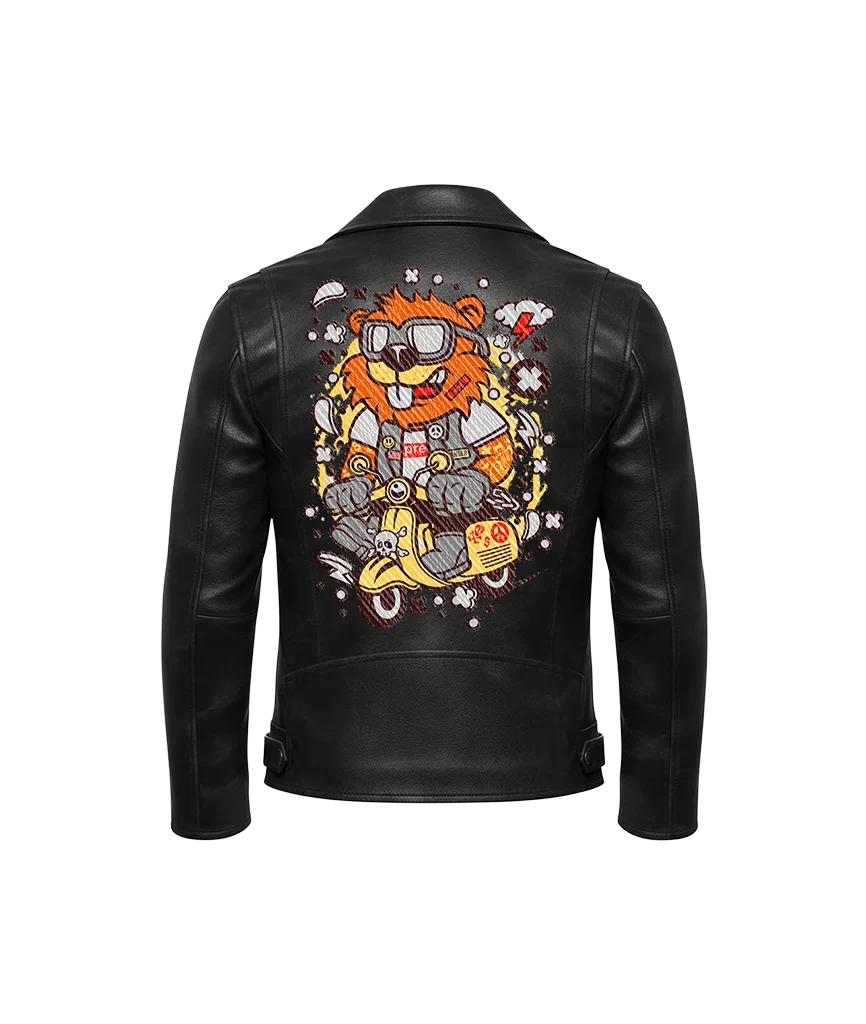 Cartoon Lion Scooter Graffiti Mascot Leather Jacket