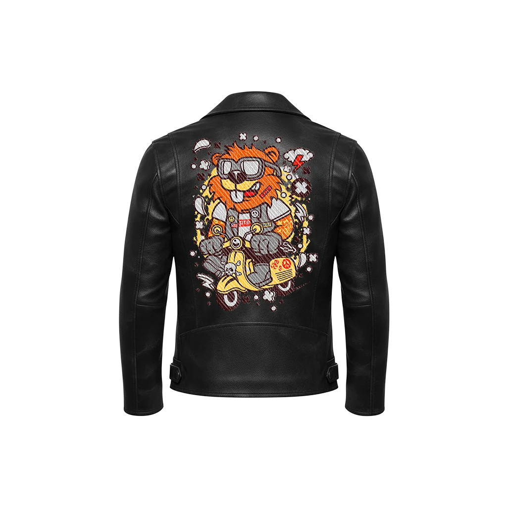 Cartoon Lion Scooter Graffiti Mascot Leather Jacket