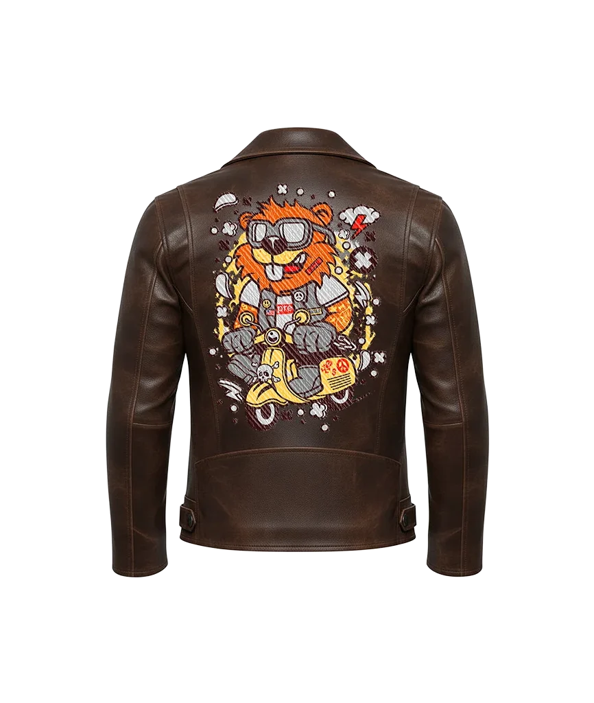 Cartoon Lion Scooter Graffiti Mascot Leather Jacket