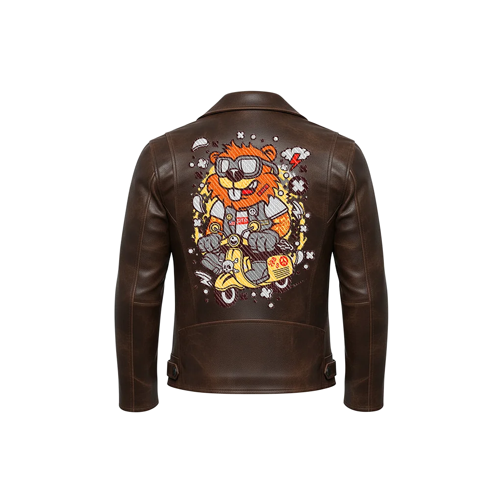 Cartoon Lion Scooter Graffiti Mascot Leather Jacket