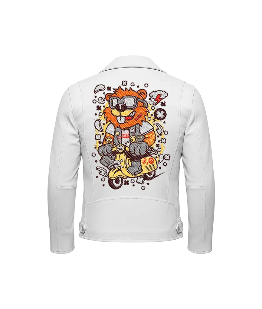 Cartoon Lion Scooter Graffiti Mascot Leather Jacket