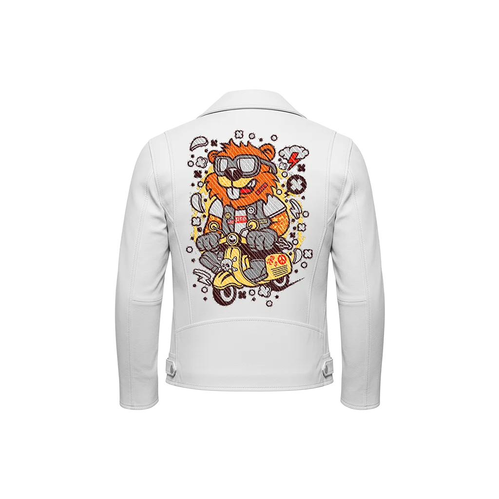Cartoon Lion Scooter Graffiti Mascot Leather Jacket