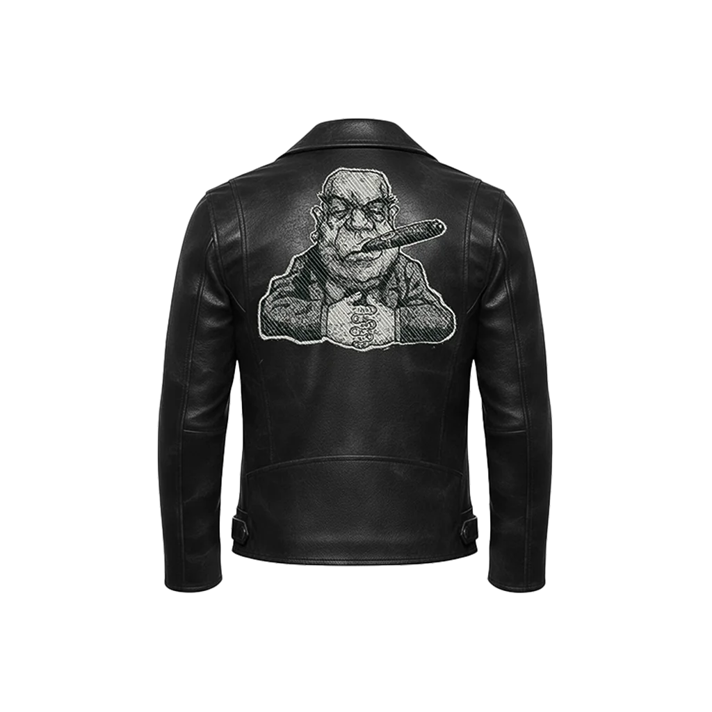 Cigar Smoking Mobster Embroidered Leather Moto Jacket