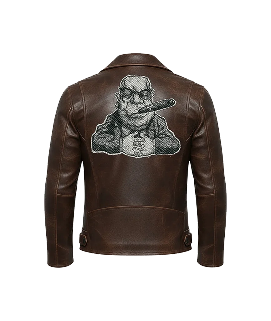 Cigar Smoking Mobster Embroidered Leather Moto Jacket