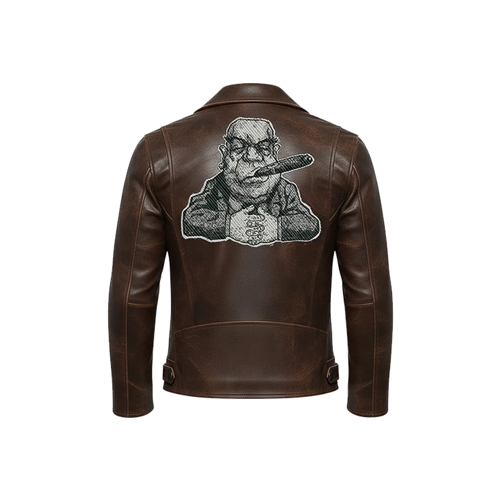Cigar Smoking Mobster Embroidered Leather Moto Jacket