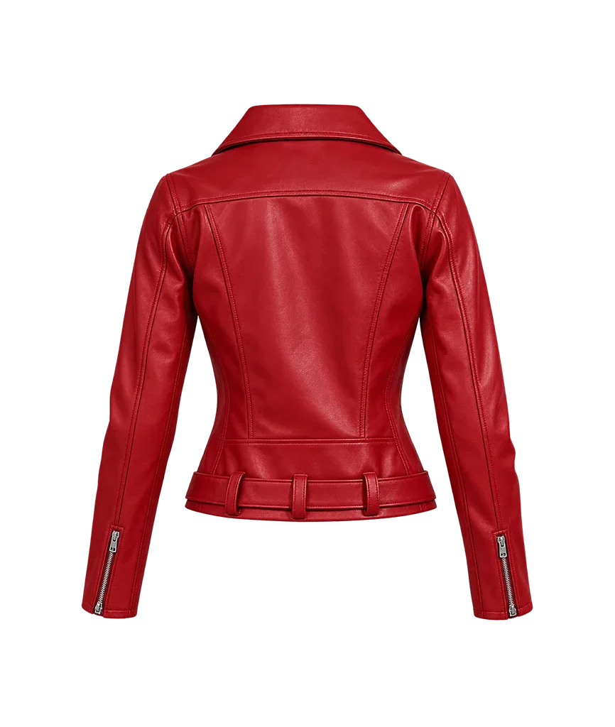 Women’s Classic Red Leather Asymmetrical Moto Jacket