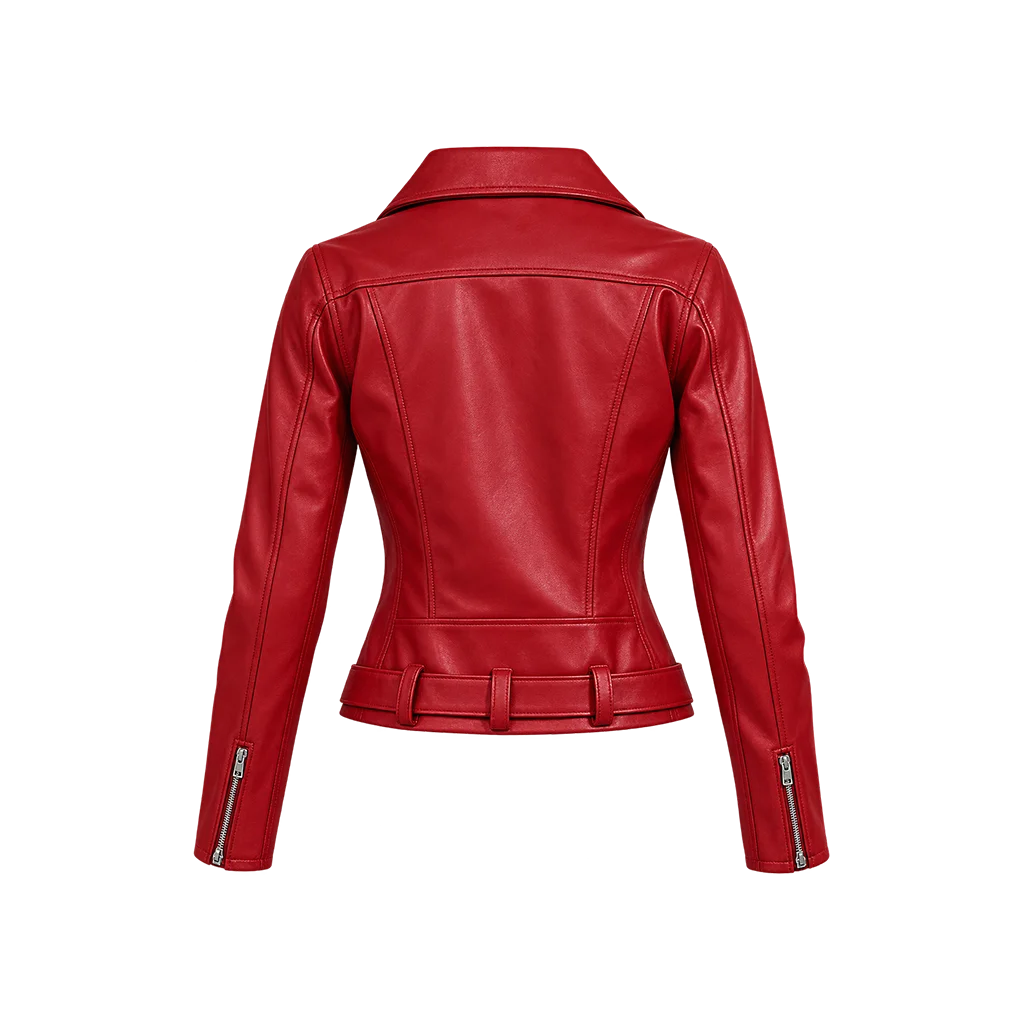 Women’s Classic Red Leather Asymmetrical Moto Jacket