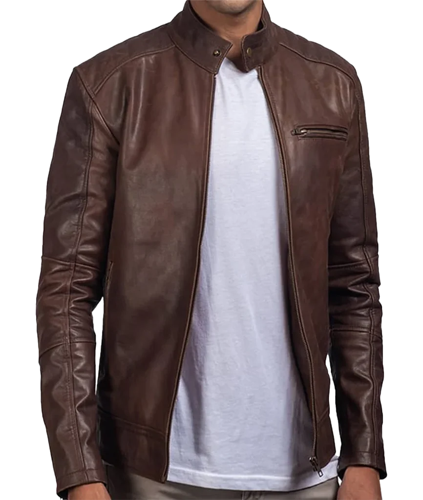 Men’s Dark Brown Leather Cafe Racer Biker Jacket