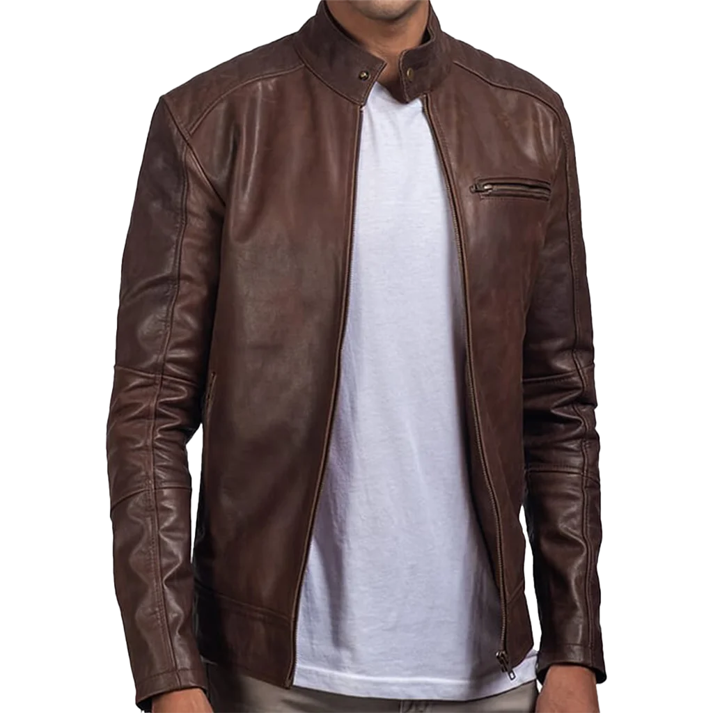 Men’s Dark Brown Leather Cafe Racer Biker Jacket