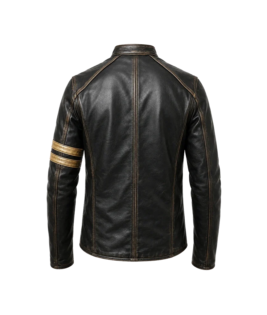 Men’s Distressed Black Striped Leather Biker Jacket