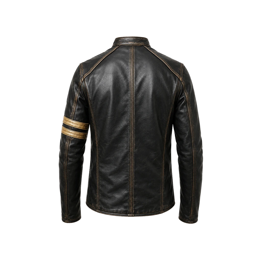 Men’s Distressed Black Striped Leather Biker Jacket