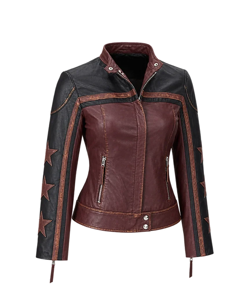 Women’s Distressed Burgundy Leather Star Patch Moto Jacket
