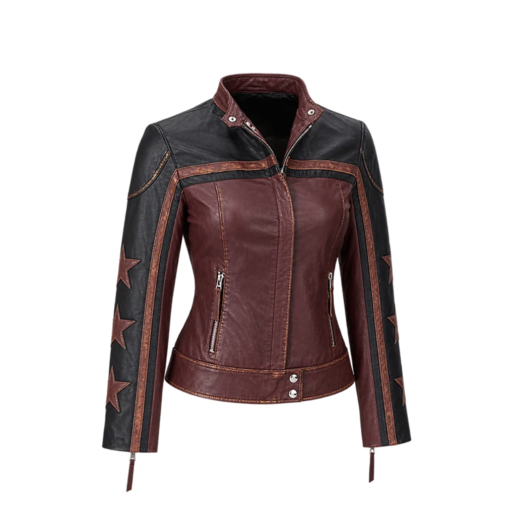 Women’s Distressed Burgundy Leather Star Patch Moto Jacket