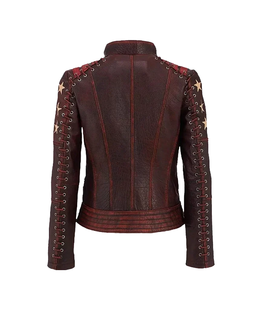 Women’s Distressed Burgundy Leather Star Patch Moto Jacket
