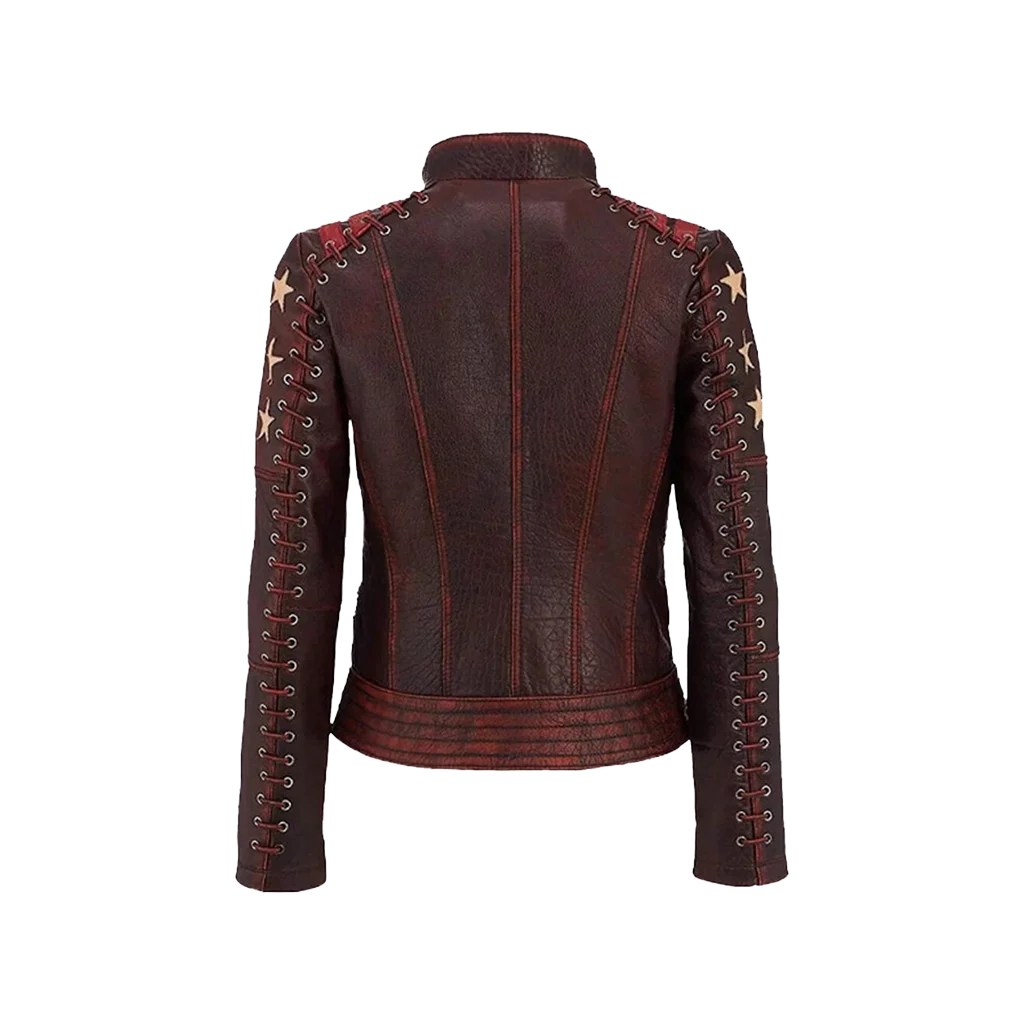Women’s Distressed Burgundy Leather Star Patch Moto Jacket