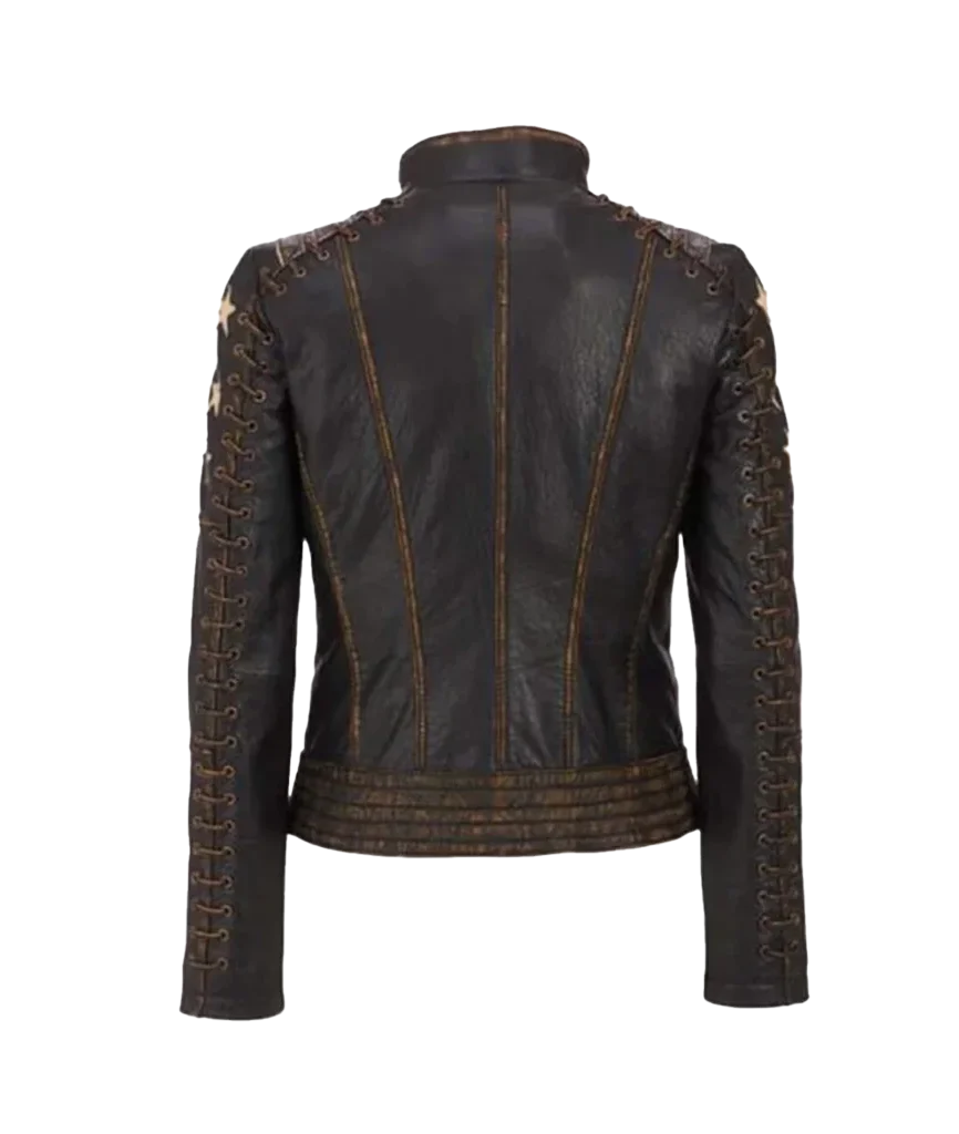 Women’s Distressed Leather Star Patch Moto Jacket