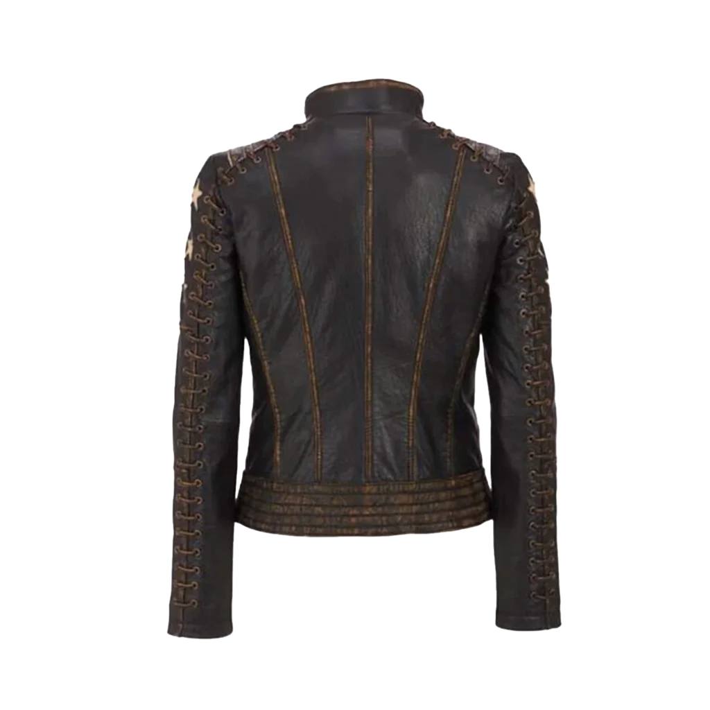 Women’s Distressed Leather Star Patch Moto Jacket