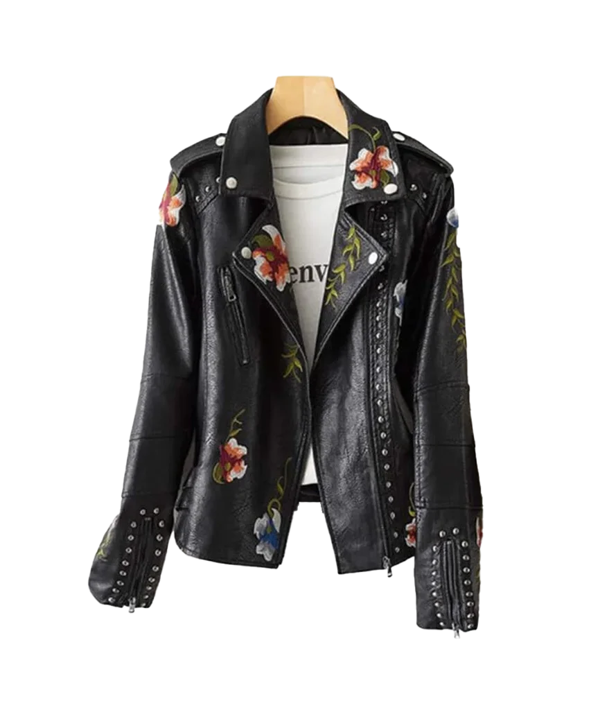 Women’s Floral Embroidered Studded Moto Jacket