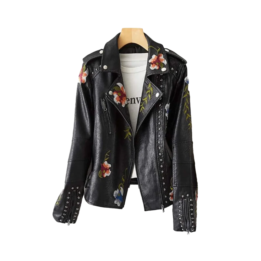 Women’s Floral Embroidered Studded Moto Jacket