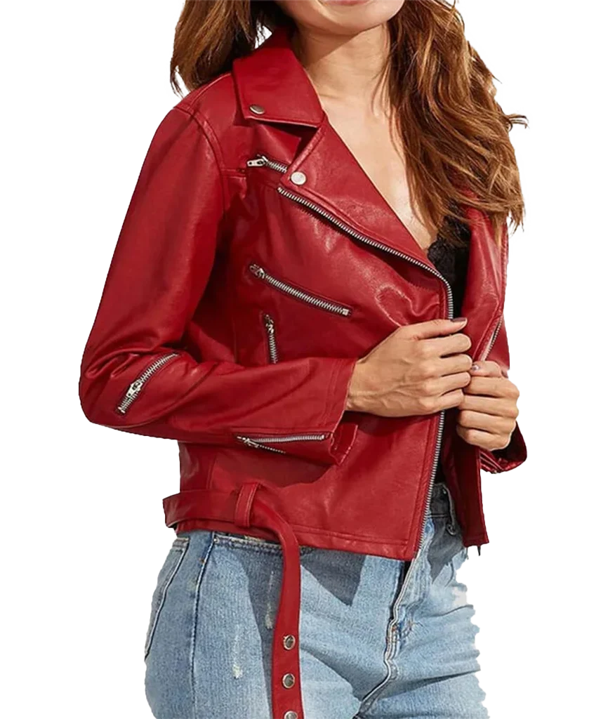 Women’s Classic Red Leather Asymmetrical Moto Jacket