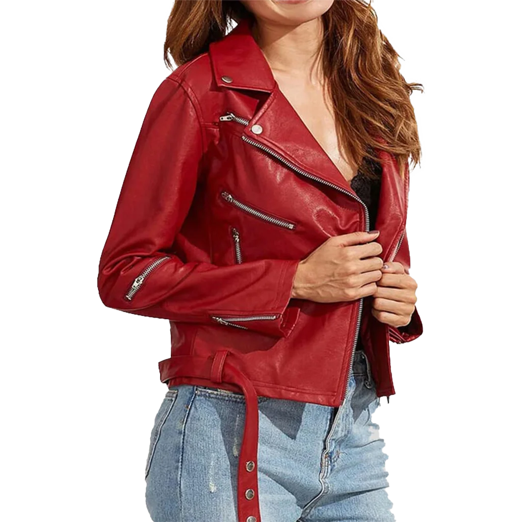 Women’s Classic Red Leather Asymmetrical Moto Jacket
