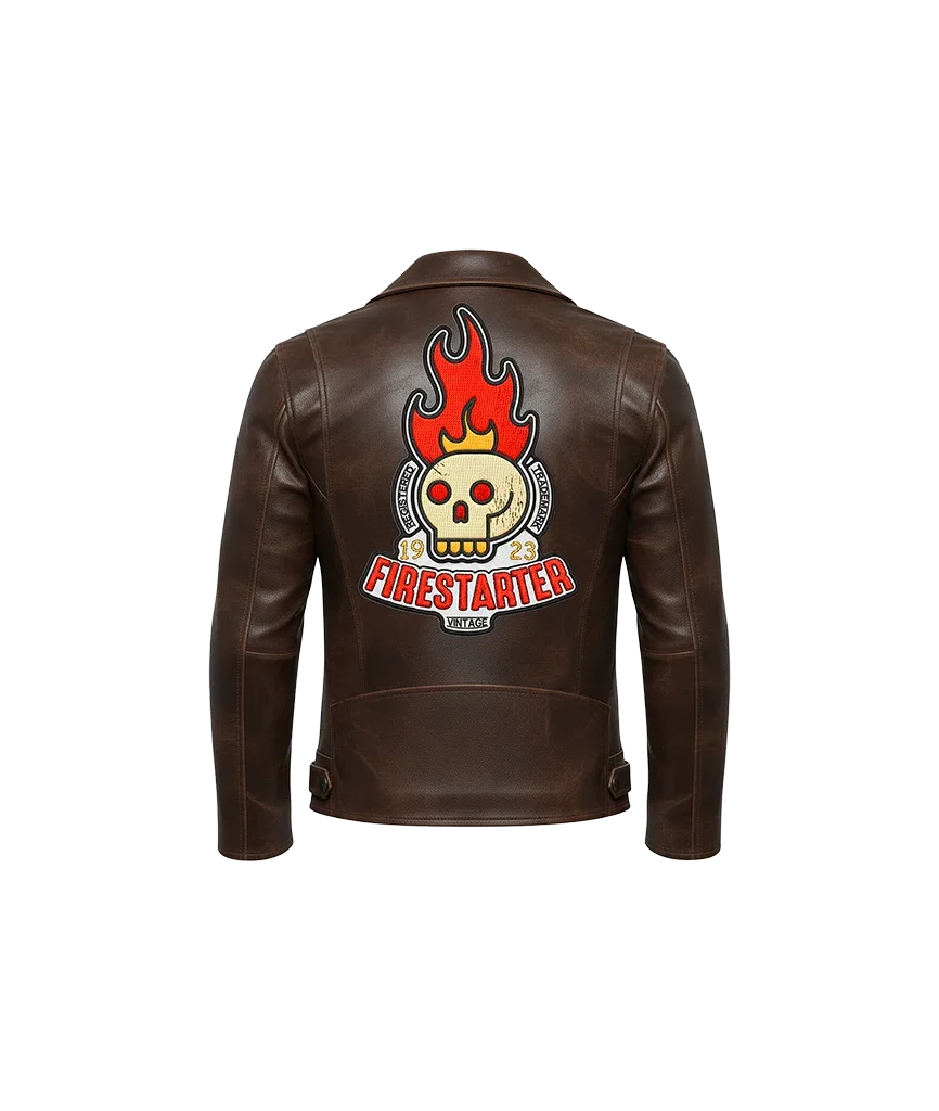 Firestarter Flaming Skull Embroidered Leather Jacket