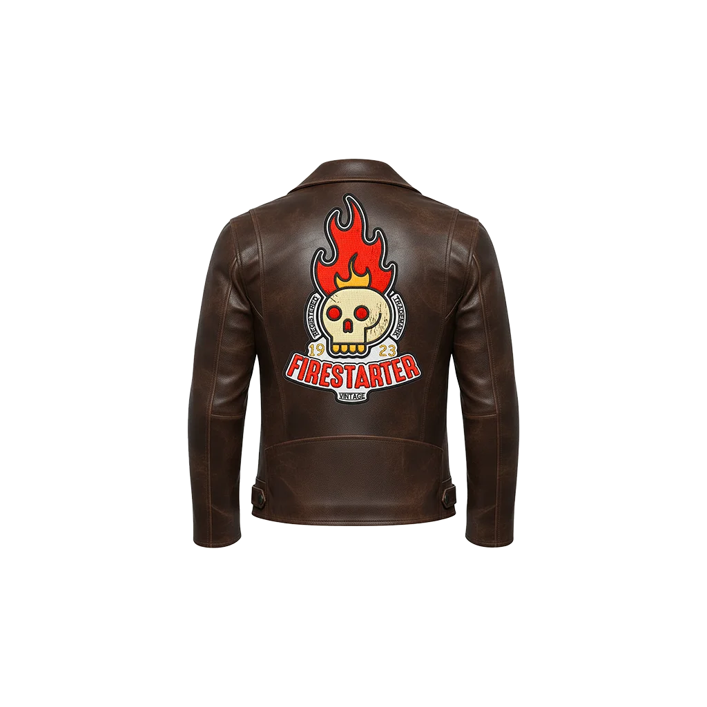 Firestarter Flaming Skull Embroidered Leather Jacket
