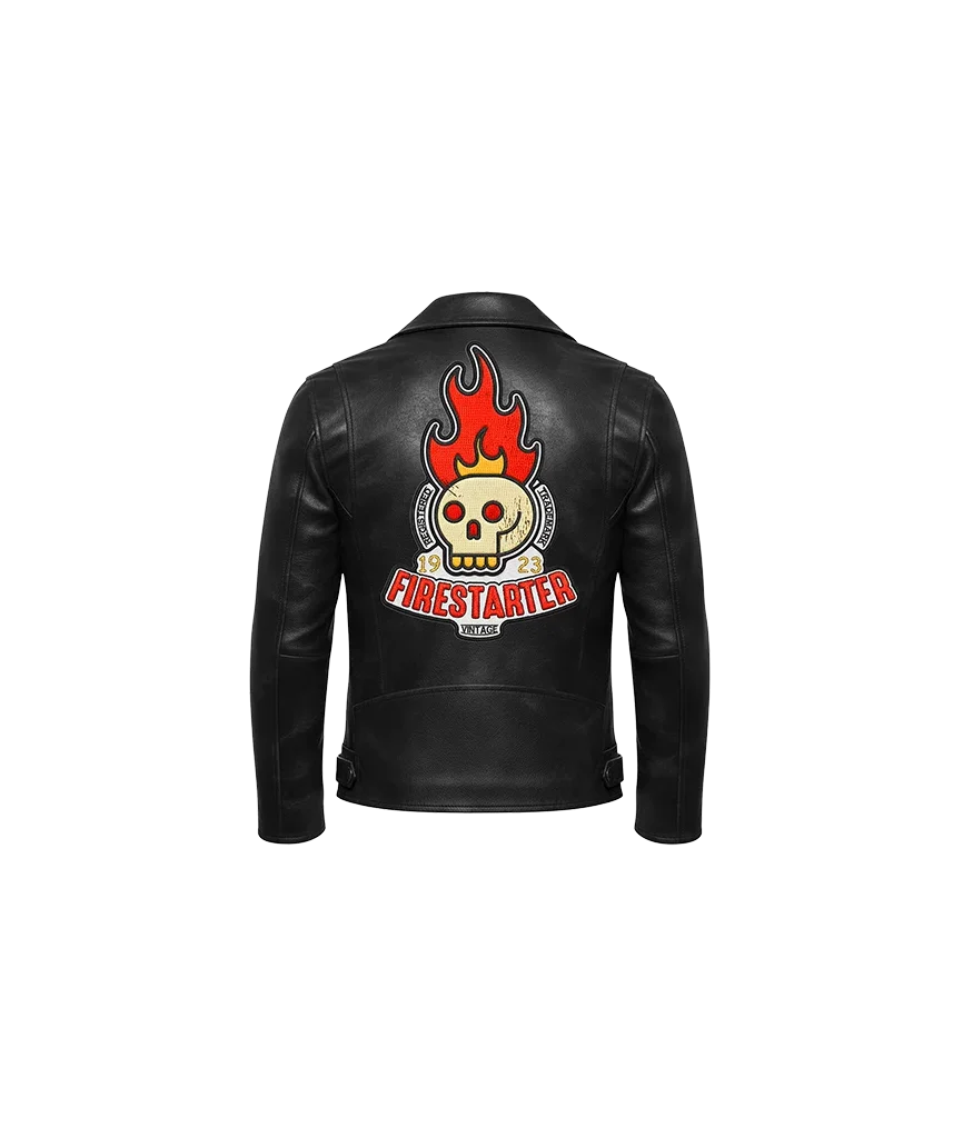 Firestarter Flaming Skull Embroidered Leather Jacket