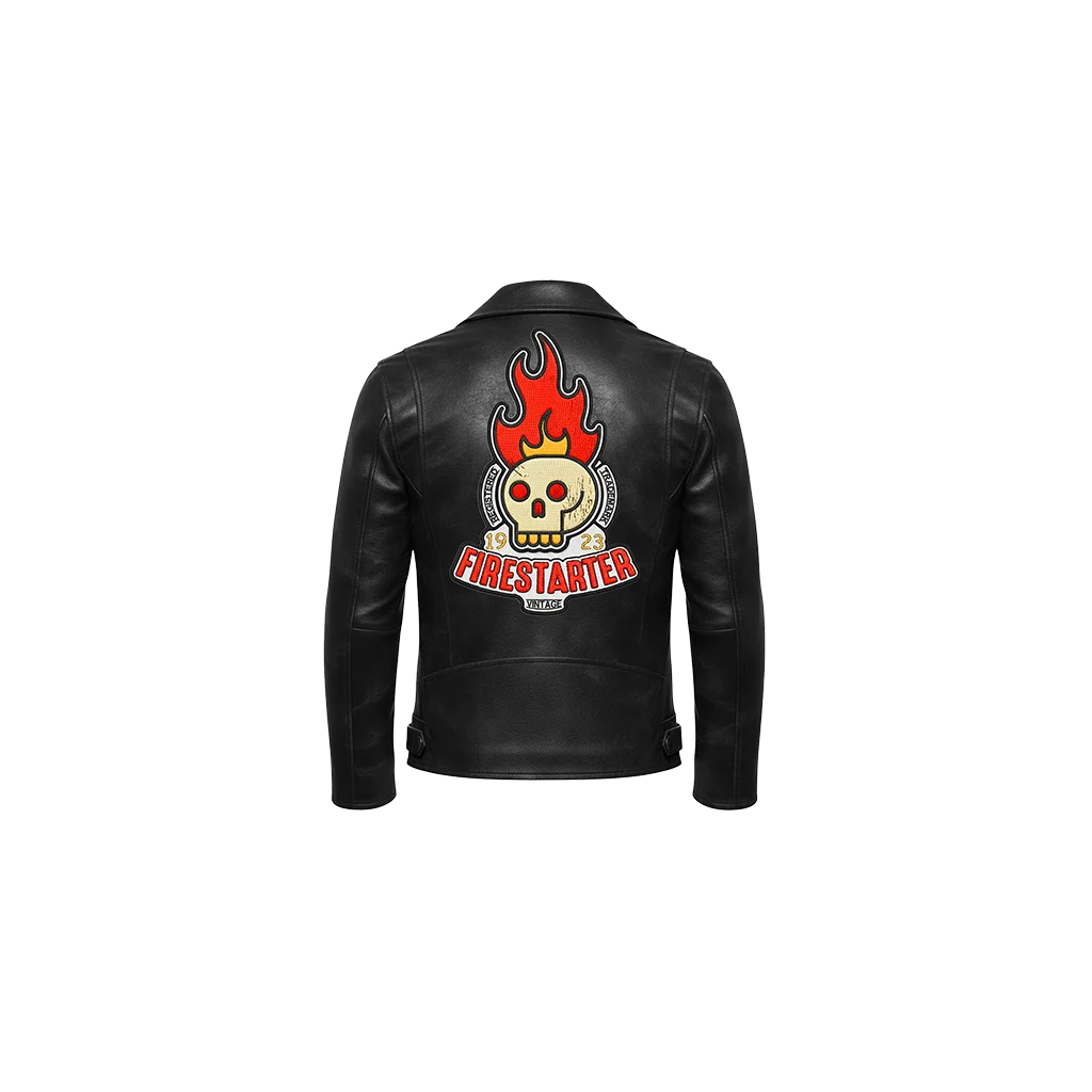 Firestarter Flaming Skull Embroidered Leather Jacket