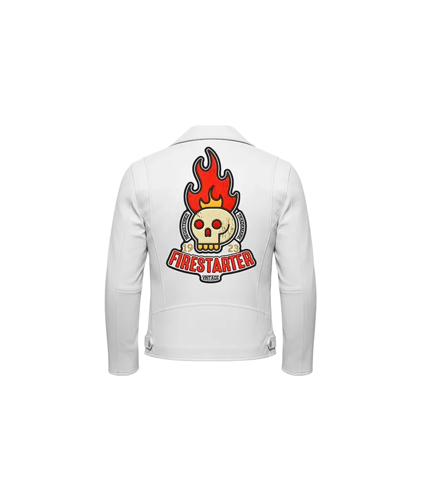 Firestarter Flaming Skull Embroidered Leather Jacket