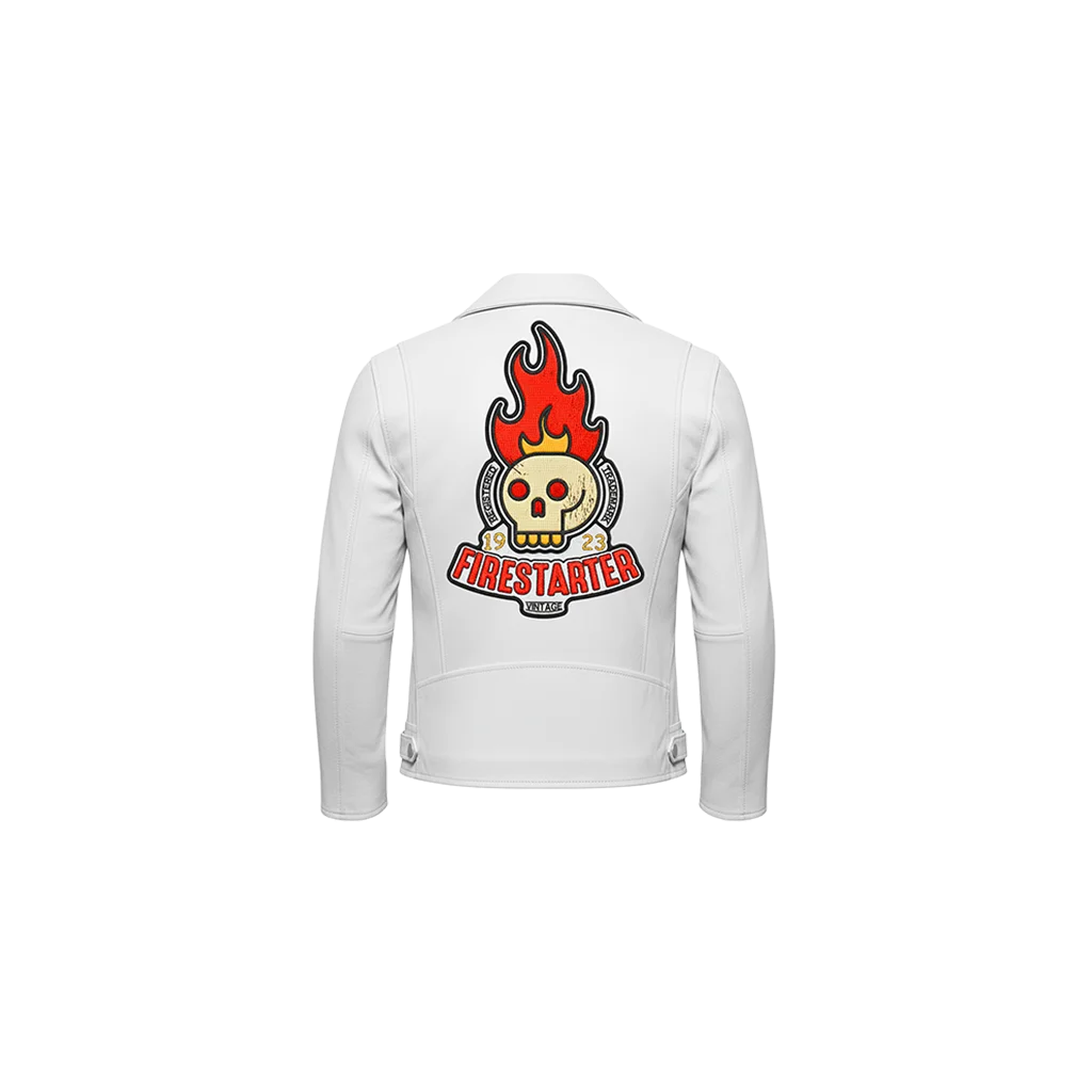 Firestarter Flaming Skull Embroidered Leather Jacket