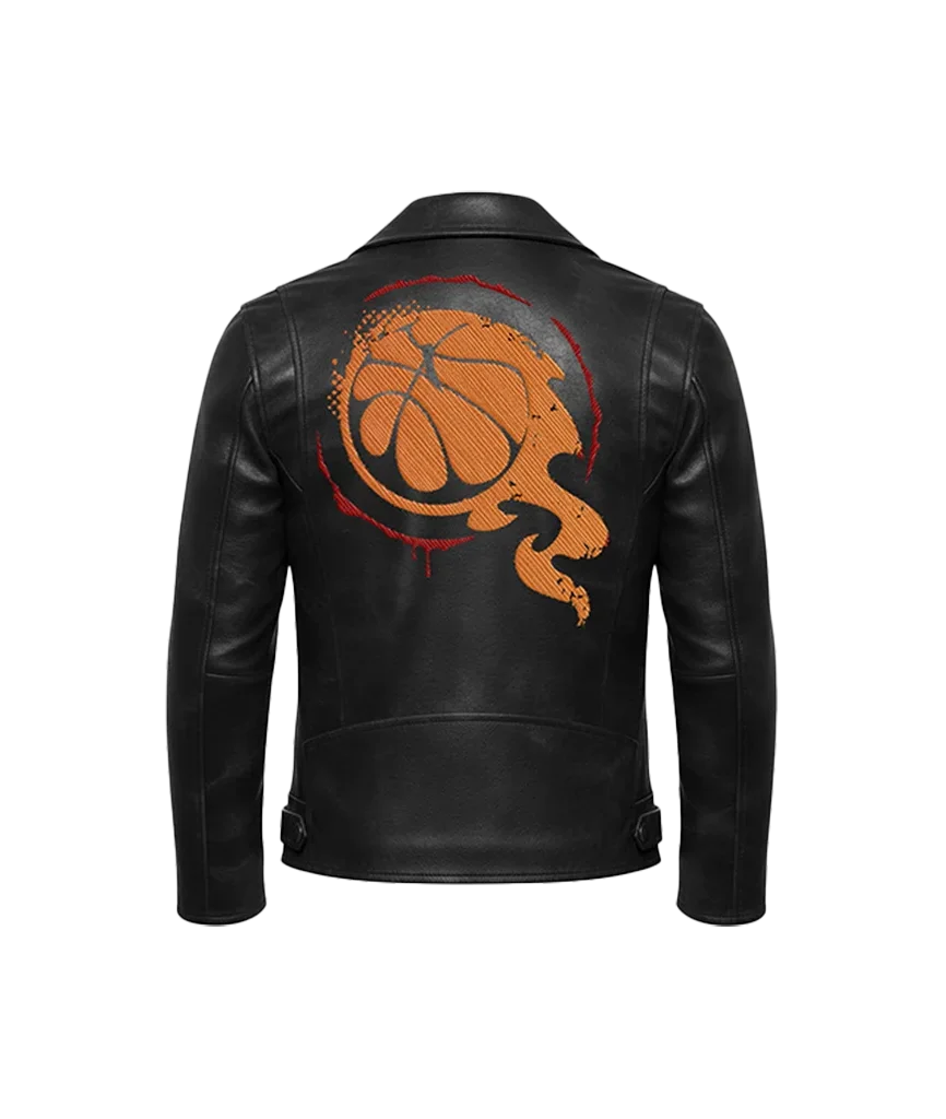 Flaming Basketball Embroidered Leather Moto Jacket