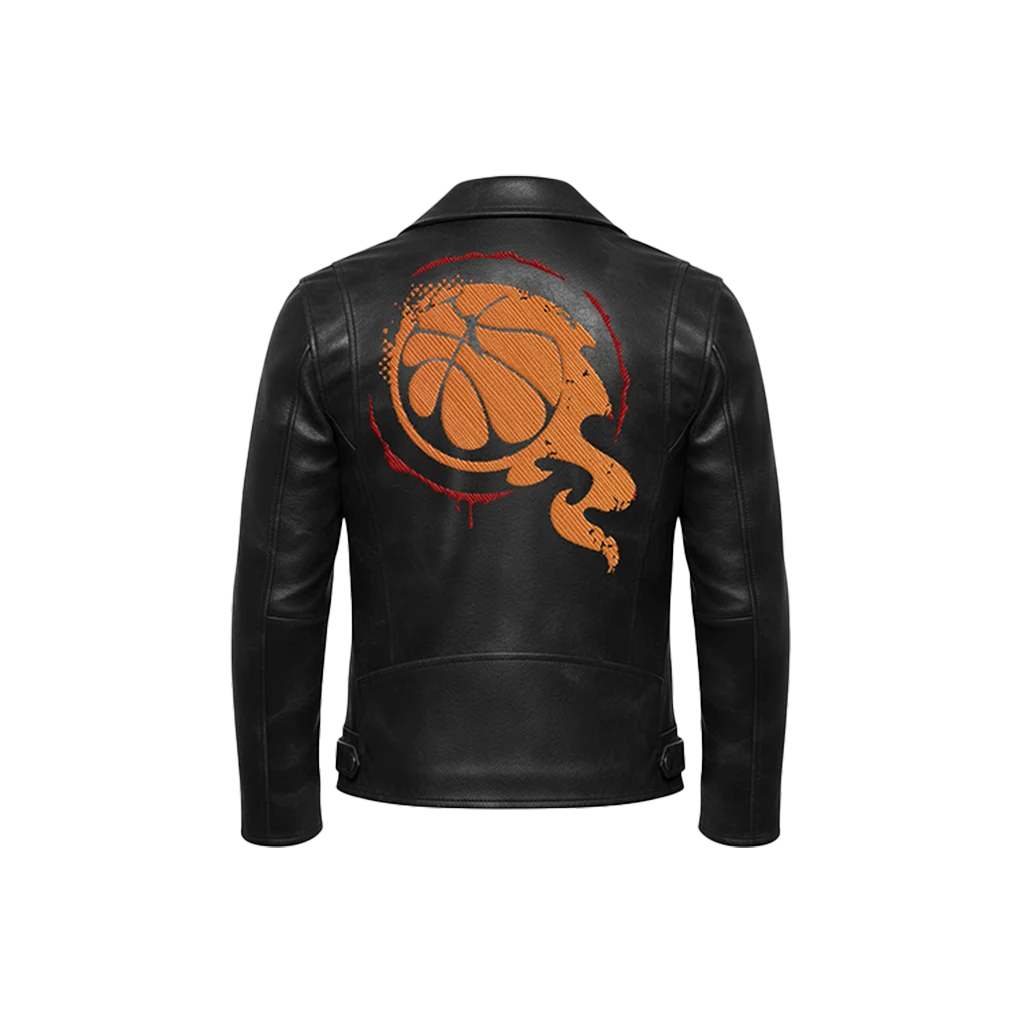 Flaming Basketball Embroidered Leather Moto Jacket