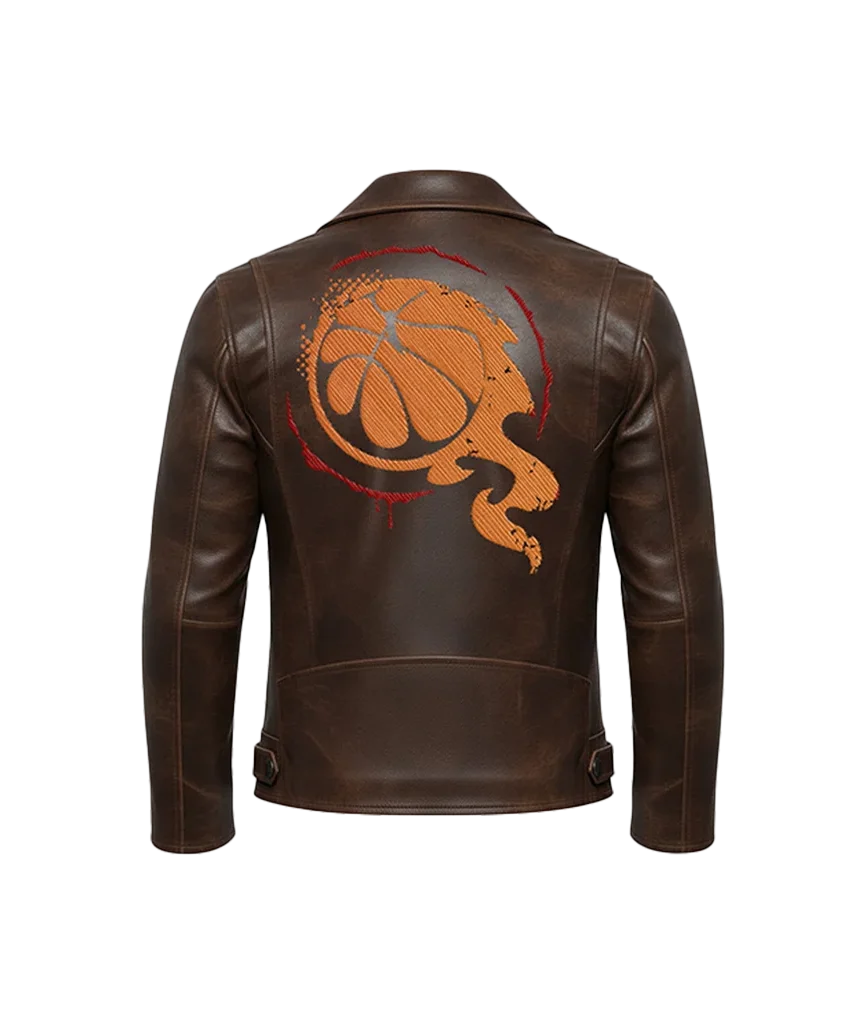 Flaming Basketball Embroidered Leather Moto Jacket