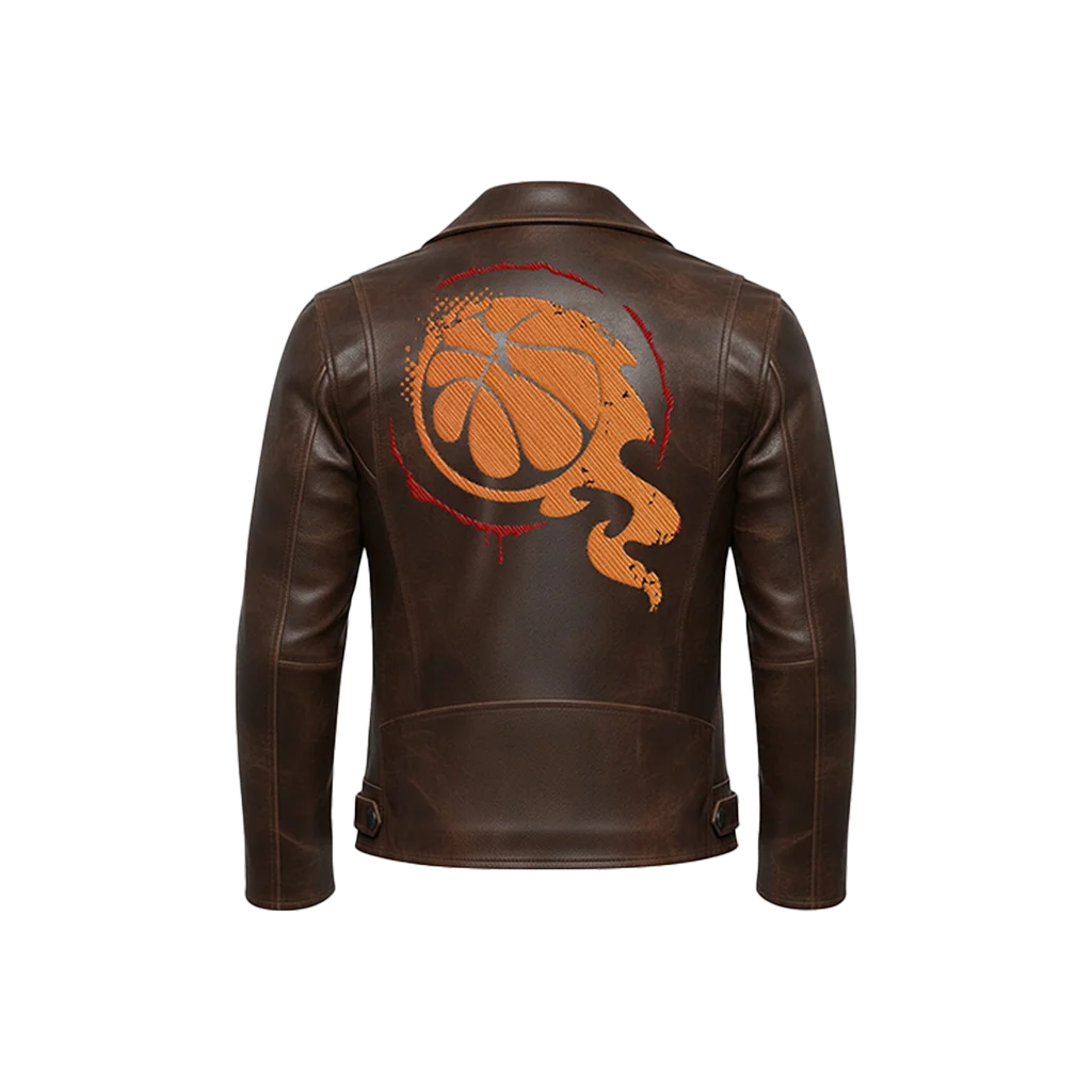 Flaming Basketball Embroidered Leather Moto Jacket