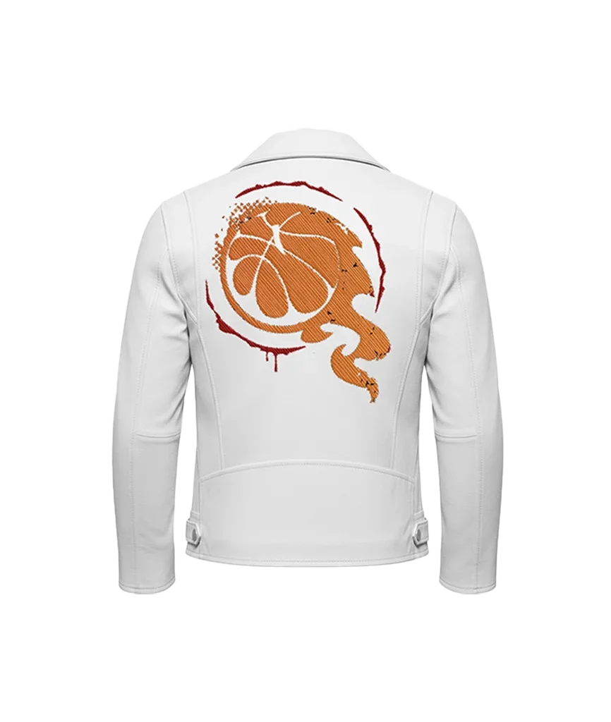 Flaming Basketball Embroidered Leather Moto Jacket
