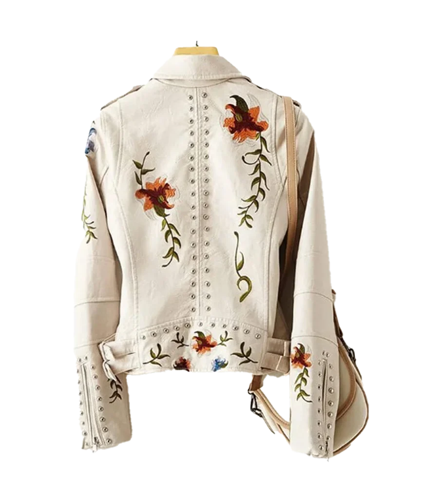 Women’s Floral Embroidered Studded Moto Jacket