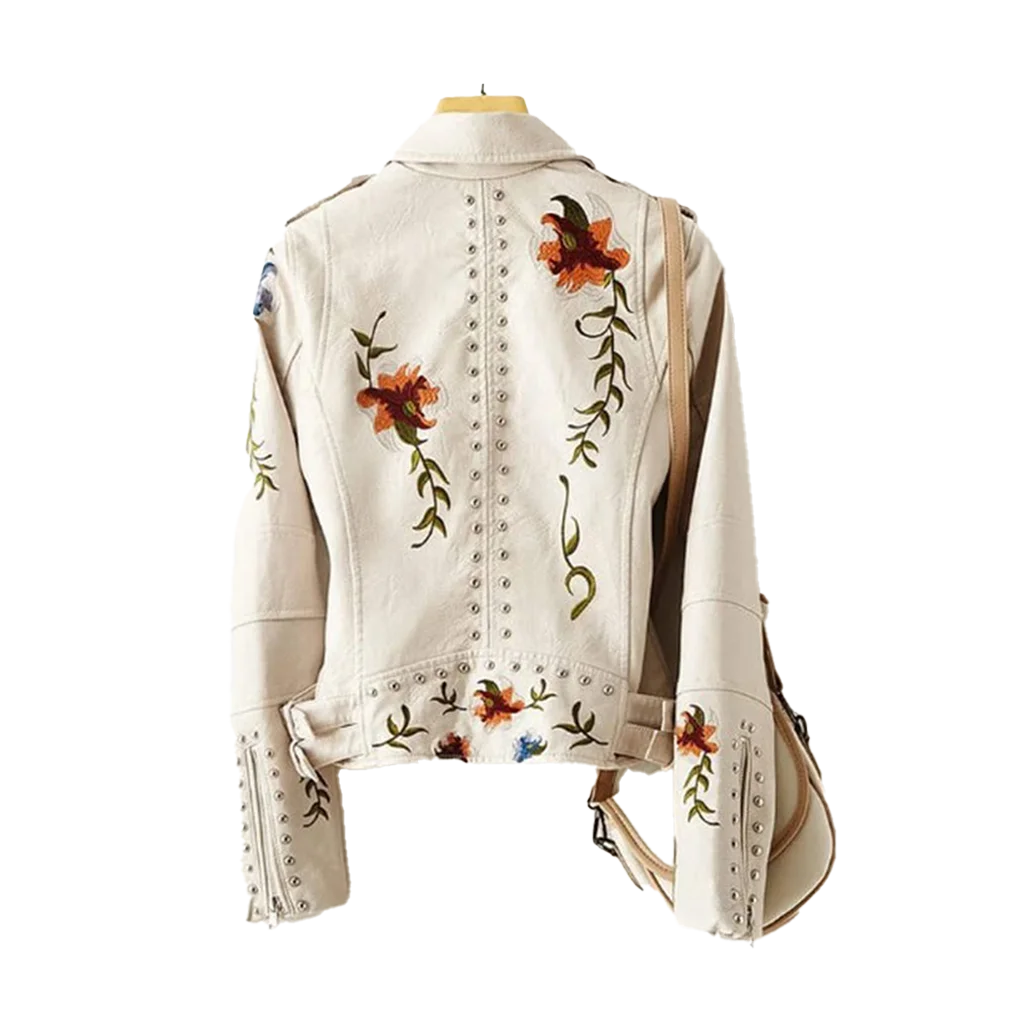 Women’s Floral Embroidered Studded Moto Jacket