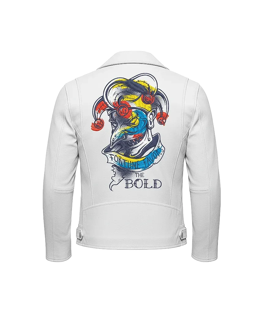 Fortune Favors the Bold Jester Embroidered Leather Jacket