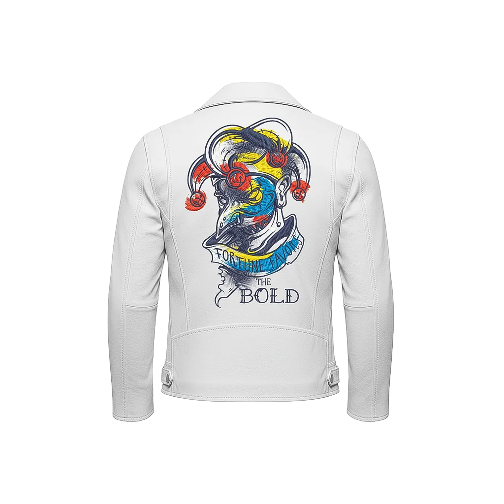 Fortune Favors the Bold Jester Embroidered Leather Jacket