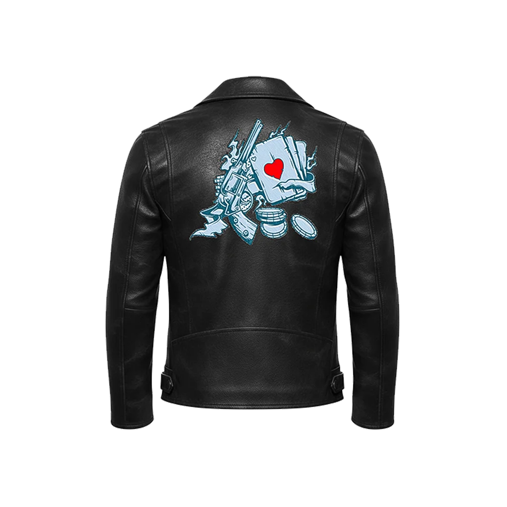 Gambler’s Luck Gun & Cards Leather Moto Jacket